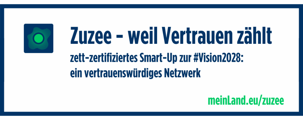 Banner: Zuzee - weil Vertrauen zählt. Ein Smart-Up zur #Vision2028: ein vertrauenswürdiges Netzwerk