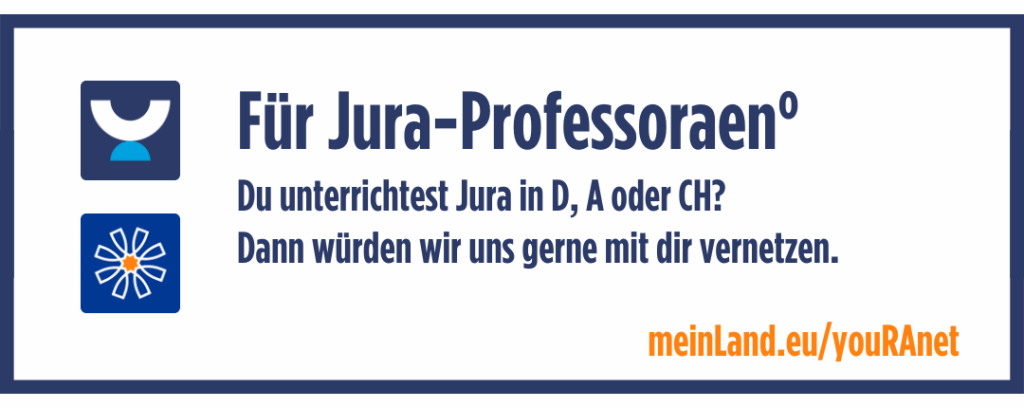 Button zum Vernetzten: Für Jura-Professoraen°. Du unterrichtest Jura in D, A oder CH?
Dann würden wir uns gerne mit dir vernetzen. Führt zu einem sicheren Google-Formular.
