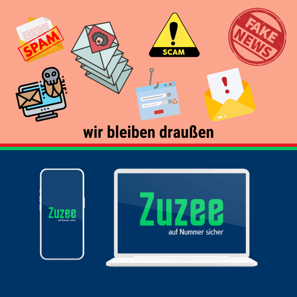 Darstellung wie Zuzee als Netzwerk vor Spam, Phishing, Viren, Fake-News und sonstigen unerwünschten Inhalten schützt 