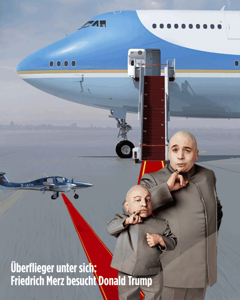 Fotomontage: Dr. Evil und Mini-Me auf einem Flugplatz, hinter ihnen die riesige AirForce One und daneben das winzige Privatflugzeug von Friedrich Merz